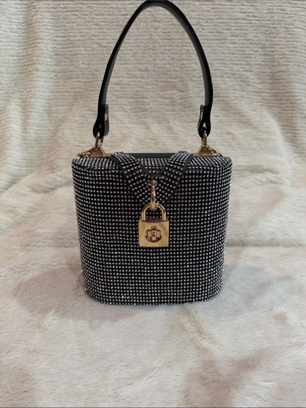 Crystal-Embellished Black Bucket Bag with Gold Lock